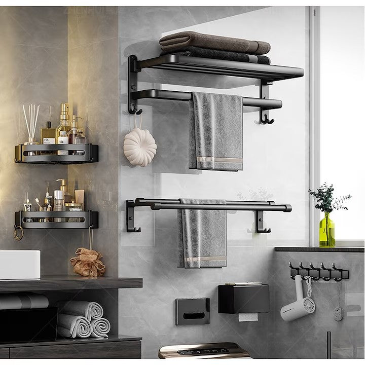 Suport Pliabil pentru Prosoape Baie AT PERFORMANCE®, Oțel Inoxidabil Negru, 60x21x19 cm – Compact, Elegant, Ușor de Montat